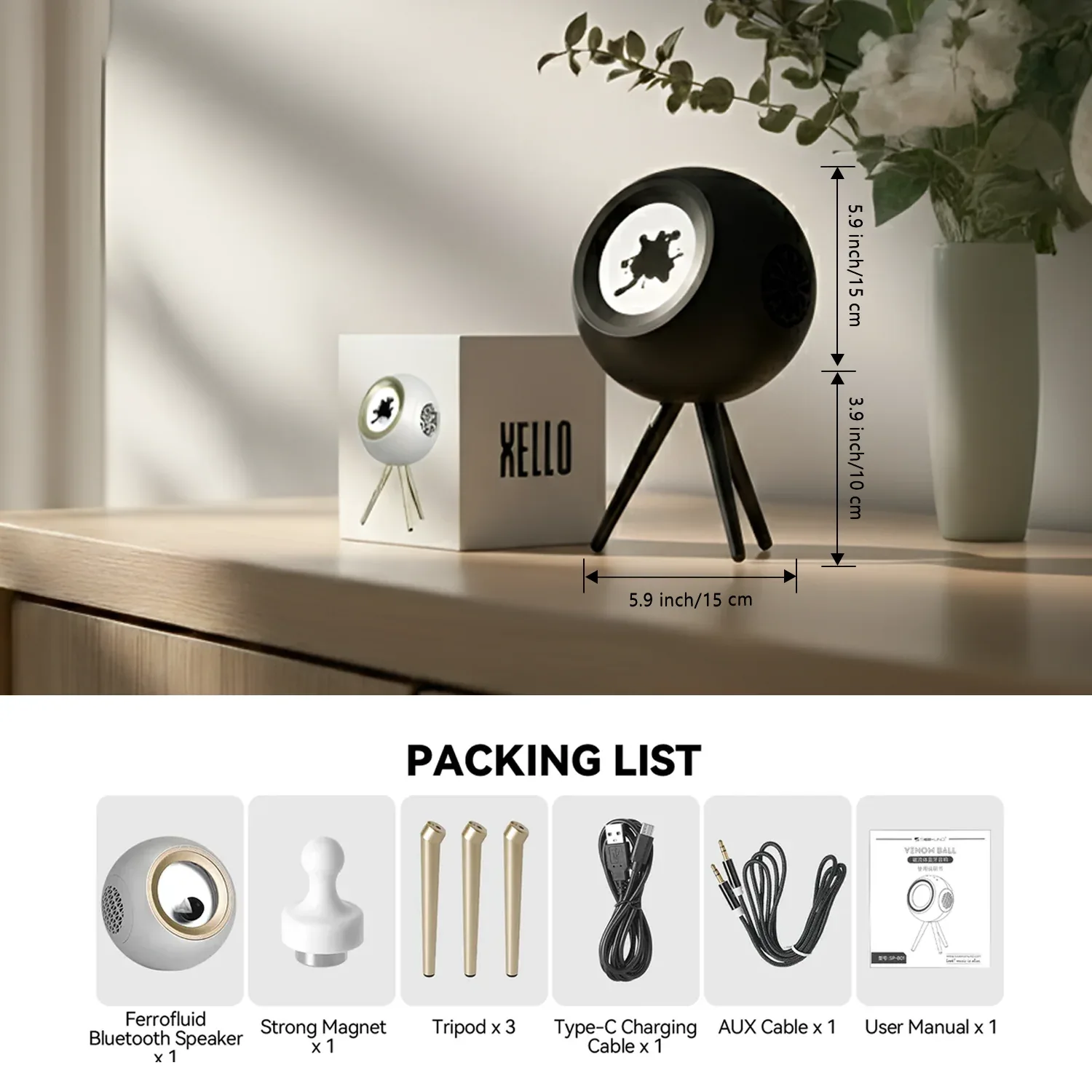 Glowbe ferrofluid Bluetooth speaker dimensions with packaging contents and accessories