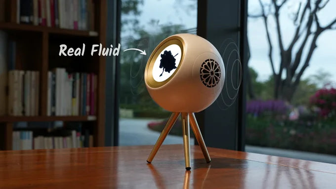 Ferrofluid Bluetooth speaker with dancing magnetic liquid visualizer, RGB lighting, and sleek glass chamber on desktop